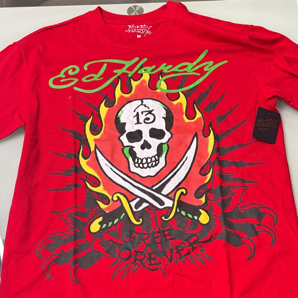 Ed Hardy Red T-Shirt with Skull and Flames